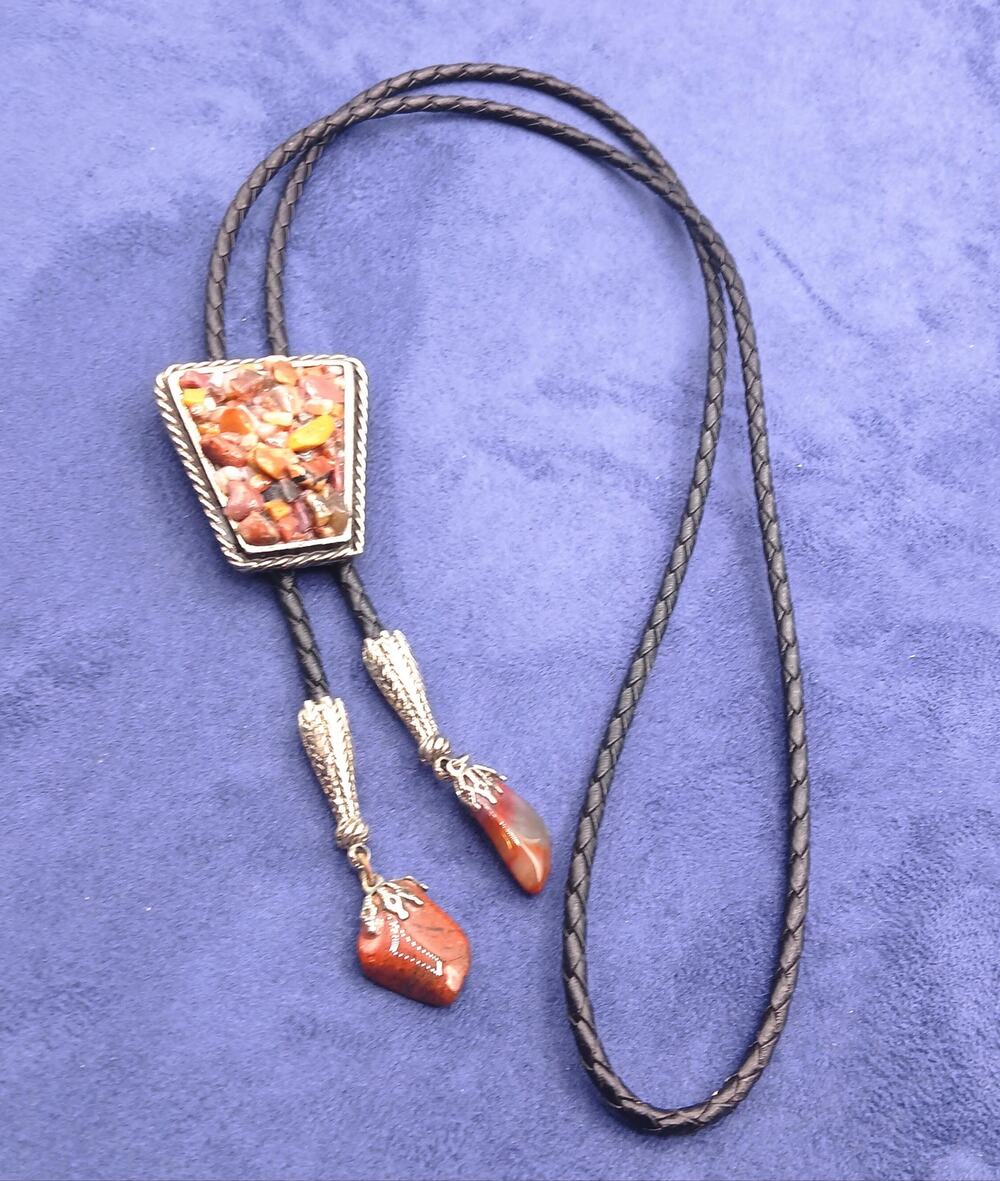 Vintage Jasper Pebble Silver Tone Tops BOLO TIE